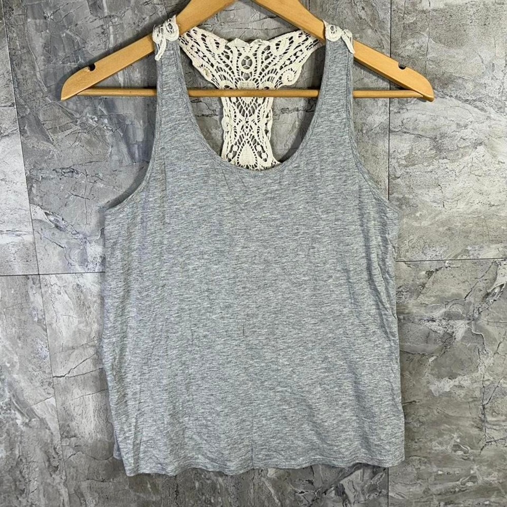 Grey tank top‎ with white lace back Woman small #laceback
